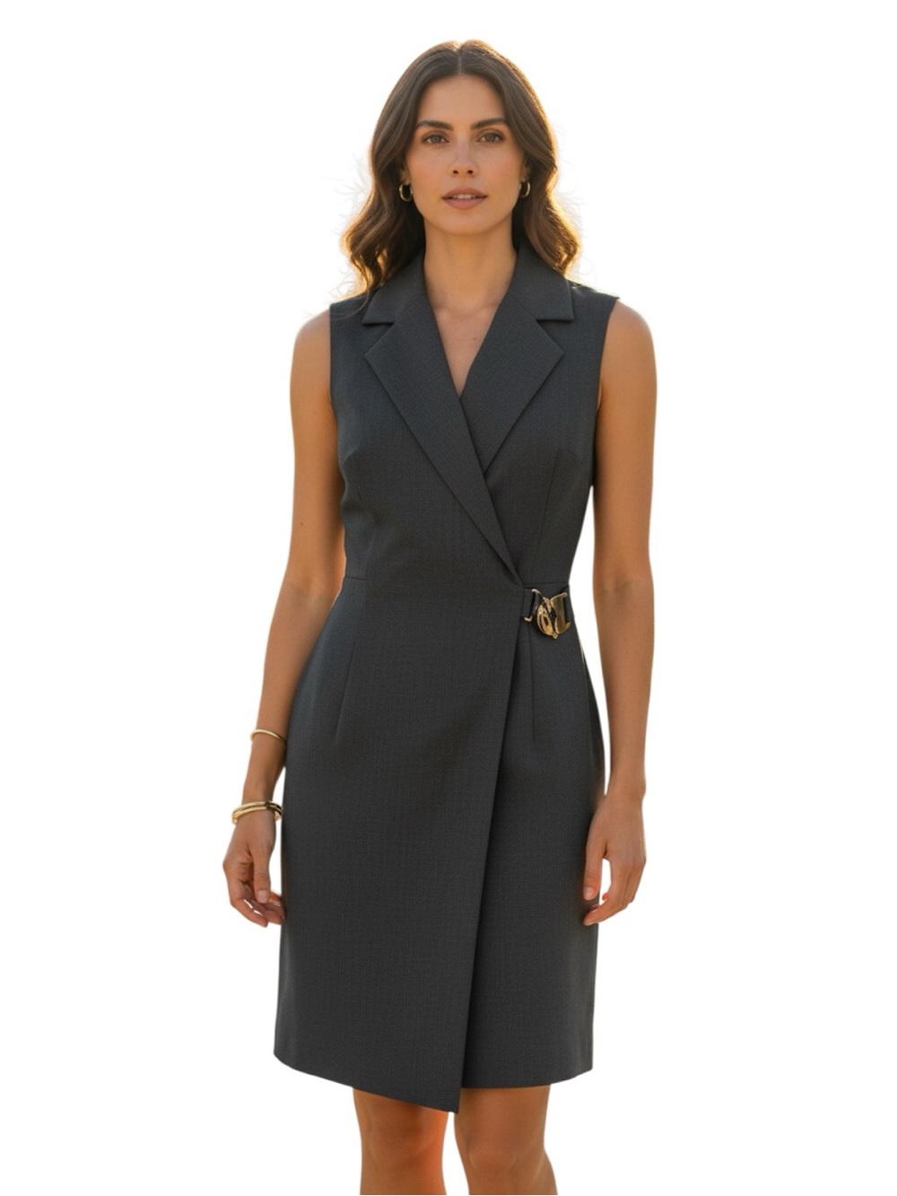 Calvin Klein NWT Black Sleeveless Collared Wrap Dress w/Gold Hook Belt -Size 12